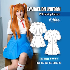 Evangelion uniform sewing pattern - Short sleeve polo shirt and knee long skirt with inserted godets and suspenders - Cosplay anime style
