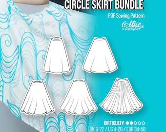 Circle skirt sewing pattern bundle. Includes a quarter of a circle, a half circle, a three quarter circle, a full circle and a double circle
