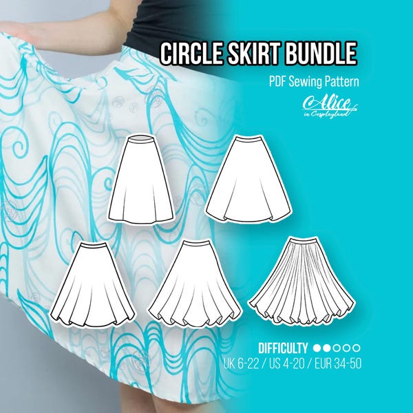 Circle skirt sewing pattern bundle. Includes a quarter of a circle, a half circle, a three quarter circle, a full circle and a double circle