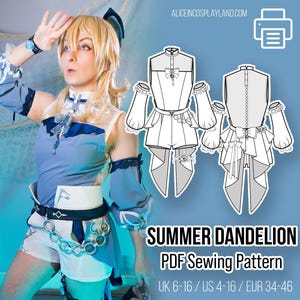 May include: A light blue cosplay outfit with a matching pattern, featuring a white belt with silver accents. The image includes a PDF sewing pattern labeled "Summer Dandelion" with size details. The model is wearing the outfit.
