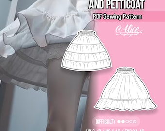 May include: A white Lolita hoop skirt and petticoat PDF sewing pattern with text reading Lolita Hoop Skirt and Petticoat, PDF Sewing Pattern, Alice in Cosplayland, Difficulty, and size range UK 6-18, US 4-16, EUR 34-46. Includes line art illustrations.