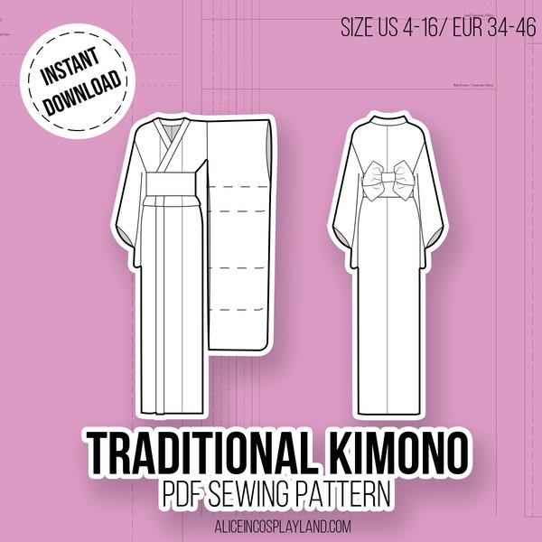 Traditioneller Kimono oder Yukata Schnittmuster mit Obi