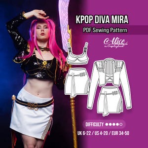 Peut inclure: Une femme aux cheveux roses et vêtue de noir et blanc pose à côté d'une arme. L'image comprend un patron de couture PDF pour un costume KPOP Diva Mira, avec un soutien-gorge, une jupe et une veste. La difficulté est indiquée par cinq cercles noirs.