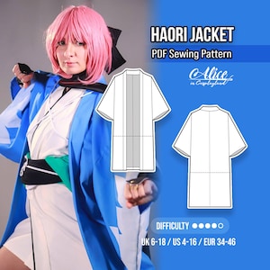 May include: A Haori jacket PDF sewing pattern by Alice in Cosplayland. The image displays a blue and white garment, a technical line drawing of the jacket front and back, and text indicating difficulty levels and sizes UK 6-18, US 4-16, EUR 34-46.