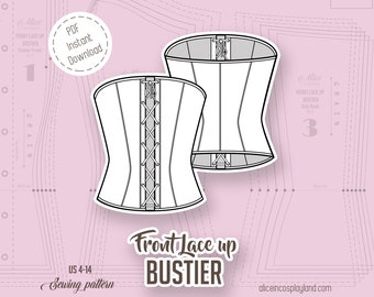 Korsett Bustier mit Schnürung vorne, Schnittmuster. Ausgestattetes Kleidungsstück im Korsettstil, das den Körper mit Entbeinen formt und vorne schließt.