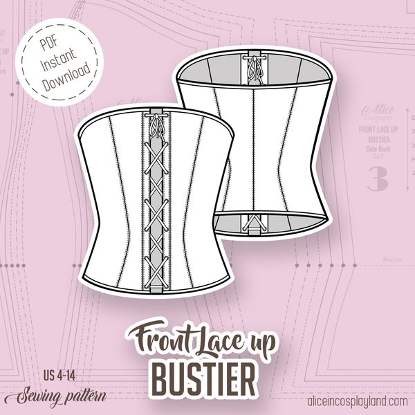 Corset Bustier with a lace up front, sewing pattern. Fitted corset style garment that shapes the body with boning and closes at the front.