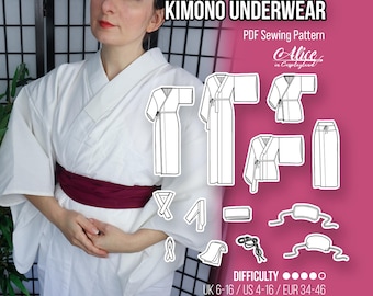 May include: A woman wearing a white kimono with a burgundy obi. The image includes a PDF sewing pattern for kimono underwear, with illustrations of different garment pieces. Text on the image reads "KIMONO UNDERWEAR" and "Alice in Cosplayland".