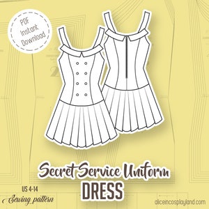 Secret service uniform Cosplay Sewing Pattern. Summer school uniform strap dress with a low waist pleated skirt and princess seams