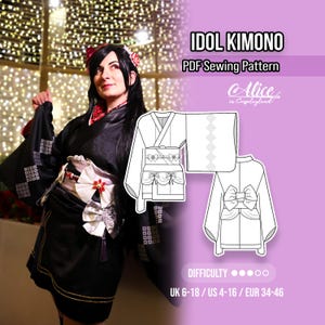Peut inclure: Un kimono noir avec des motifs carrés blancs et une ceinture obi blanche avec un nœud, présenté comme un patron de couture PDF IDOL KIMONO par Alice in Cosplayland. L'image inclut des dessins techniques de face et de dos.
