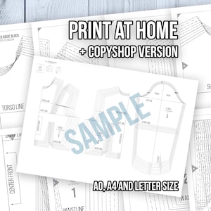 May include: A sewing pattern document featuring black line drawings of garment pieces on white paper. The text PRINT AT HOME + COPYSHOP VERSION and A0, A4 AND LETTER SIZE is visible. A large blue watermark reading SAMPLE overlays the pattern pieces.