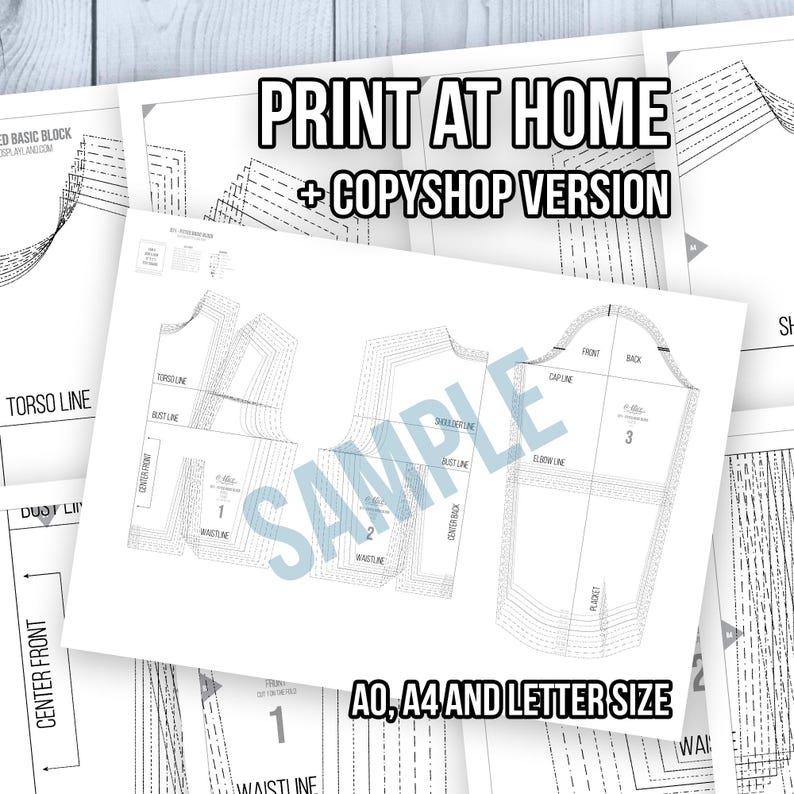May include: A sewing pattern document featuring black line drawings of garment pieces on white paper. The text PRINT AT HOME + COPYSHOP VERSION and A0, A4 AND LETTER SIZE is visible. A large blue watermark reading SAMPLE overlays the pattern pieces.