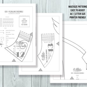 Puede incluir: Varios patrones de costura en papel blanco con texto y diagramas en negro. Los patrones incluyen el texto "020 - Plenilune Ensemble" y "Alice in Cosplayland". Los patrones son de tama&ntilde;o A4/Carta y f&aacute;ciles de imprimir.