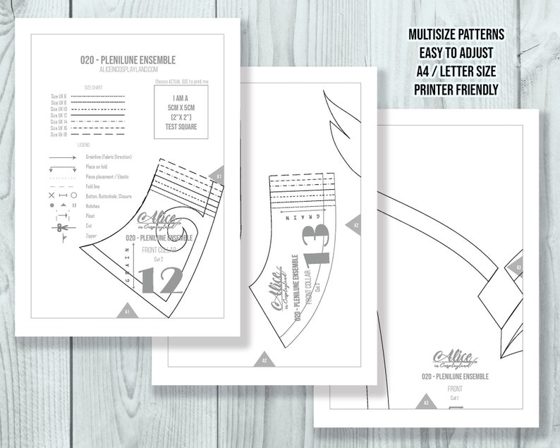 Puede incluir: Varios patrones de costura en papel blanco con texto y diagramas en negro. Los patrones incluyen el texto "020 - Plenilune Ensemble" y "Alice in Cosplayland". Los patrones son de tama&ntilde;o A4/Carta y f&aacute;ciles de imprimir.