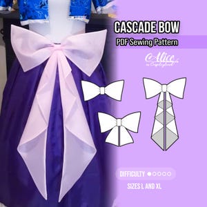 Puede incluir: Un patrón de costura en PDF Cascade Bow que presenta un gran lazo de tela rosa pálido con largas colas en cascada sujeto a una falda de color morado intenso. El gráfico incluye dibujos lineales en blanco y negro de variaciones de lazos, el texto Cascade Bow y las tallas L y XL.