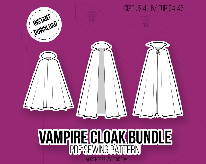 May include: A digital sewing pattern for a vampire cloak bundle, featuring three white cloak illustrations with collars and ties on a purple background. Text includes "INSTANT DOWNLOAD", "SIZE US 4-16/ EUR 34-46", "VAMPIRE CLOAK BUNDLE", and "PDF SEWING PATTERN".