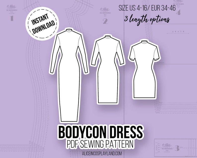 Puede incluir: Un patr&oacute;n de costura digital para un vestido ajustado, con tres opciones de largo. Tallas US 4-16 y EUR 34-46. El dise&ntilde;o se muestra con dibujos lineales del vestido. El texto "Descarga instant&aacute;nea" tambi&eacute;n est&aacute; presente.