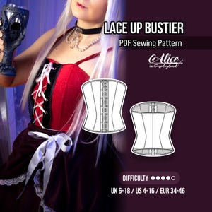 Corset bustiê com amarração frontal, molde para costura. Peça de roupa estilo corset que modela o corpo com barbatanas e fecha na frente.