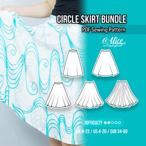 May include: A digital PDF sewing pattern for a circle skirt bundle, featuring the text CIRCLE SKIRT BUNDLE and Alice in Cosplayland. The image displays five white line-art skirt illustrations and a white fabric with a cyan wave pattern.