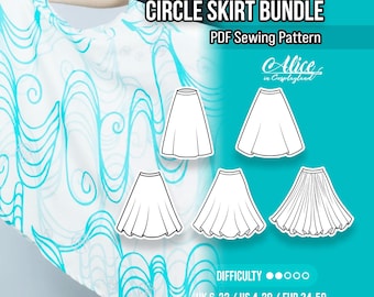 Könnte beinhalten: Ein digitales PDF-Schnittmuster für ein Tellerrock-Set mit dem Text CIRCLE SKIRT BUNDLE und Alice in Cosplayland. Das Bild zeigt fünf weiße Strichzeichnungen von Röcken und einen weißen Stoff mit einem cyanfarbenen Wellenmuster.