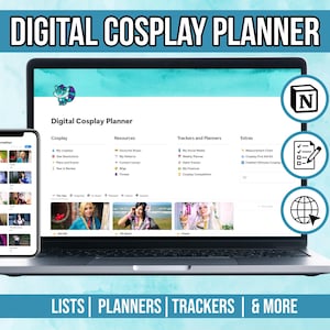 Puede incluir: Un portátil y un smartphone que muestran una interfaz de "Digital Cosplay Planner". La pantalla del portátil muestra un planificador con secciones para cosplay, recursos y rastreadores. El smartphone muestra fotos de cosplay. El texto en la parte superior dice "DIGITAL COSPLAY PLANNER".