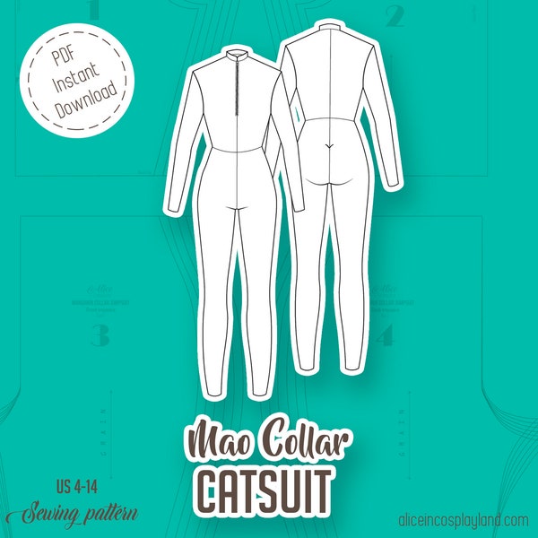 Catsuit with long sleeve and front zipper - Mao collar jumpsuit - Mandarin neck full bodysuit- Superhero zentai for cosplay - Unitard