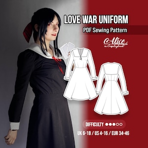 Love War Square sailor collar dress with bust and waist darts an a knee length quarter circle skirt. Cosplay uniform.