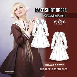 Pode incluir: Um molde de costura em PDF para um vestido tipo camisa intitulado FAKE SHIRT DRESS da Alice in Cosplayland. A imagem mostra um vestido castanho com colarinho e punhos brancos, ao lado de ilustrações de linha da frente e costas do design.