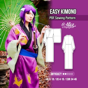 May include: A purple kimono with yellow butterfly patterns, a black collar, and light green sleeves, paired with a blue sash. The image includes a white line drawing of the kimono pattern, the text EASY KIMONO PDF Sewing Pattern, and sizing.
