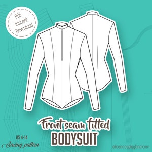 Fitted bodysuit with front seams and darts on the back. Long sleeve and sleeveless options. Mao collar or turtle neck. Front or back zip.