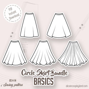 Circle skirt sewing pattern bundle. Includes a quarter of a circle, a half circle, a three quarter circle, a full circle and a double circle