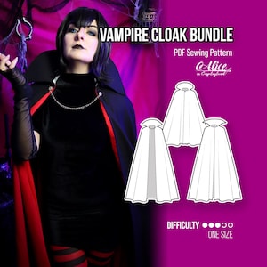 Puede incluir: Una capa de vampiro negra con forro rojo, usada por una persona. La imagen también presenta un patrón de costura PDF para un conjunto de capas de vampiro, con el texto "VAMPIRE CLOAK BUNDLE" y "Alice in Cosplayland".
