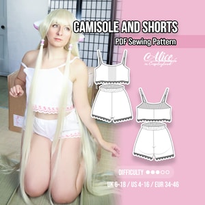 May include: A white camisole and shorts set with pink lace trim, presented as a PDF sewing pattern. The image includes technical line drawings of the front and back of the garments, with sizing listed as UK 6-18 and difficulty level indicated.