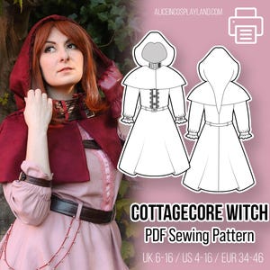 Cottagecore-heksencosplaypatroon. Middeleeuwse fantasiejurk met lange mouwen en capelet met puntige capuchon.