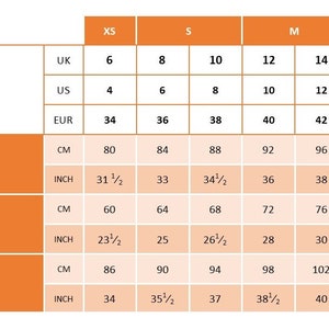May include: A size chart table with orange headers and light peach cells. It displays clothing sizes XS, S, M, and L, cross-referenced with UK, US, and EUR standards. Rows list measurements for bust, waist, and hip in both centimeters and inches.