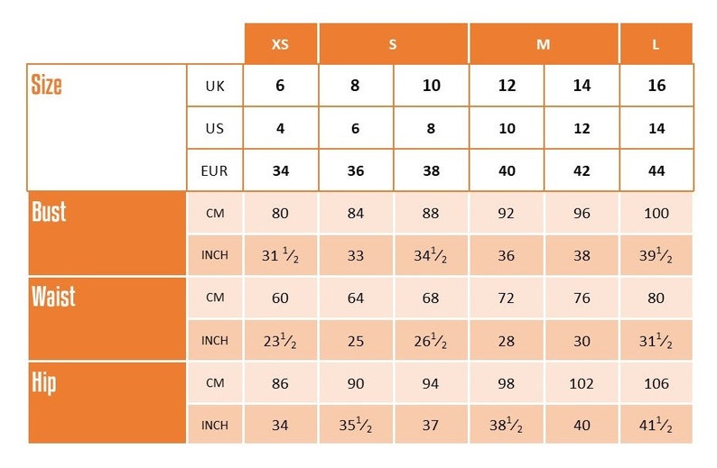 May include: A size chart table with orange headers and light peach cells. It displays clothing sizes XS, S, M, and L, cross-referenced with UK, US, and EUR standards. Rows list measurements for bust, waist, and hip in both centimeters and inches.