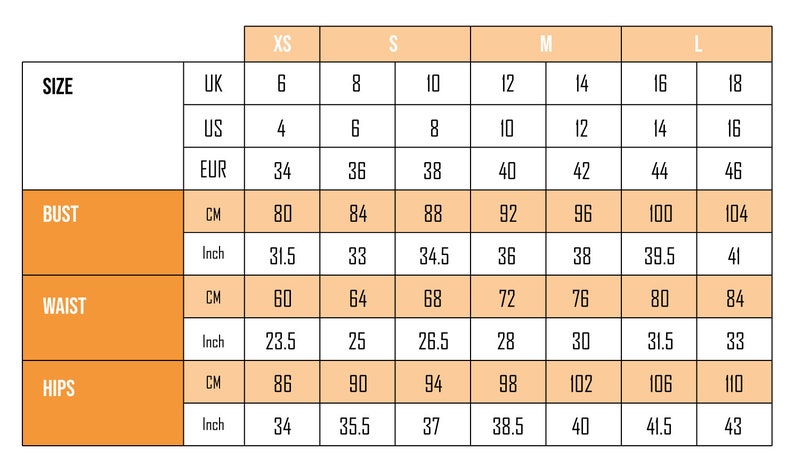 Puede incluir: Tabla de tallas con medidas de busto, cintura y cadera en cent&iacute;metros y pulgadas. Incluye tallas UK, US y EUR de la XS a la L. Las medidas de busto var&iacute;an de 80 cm a 104 cm.