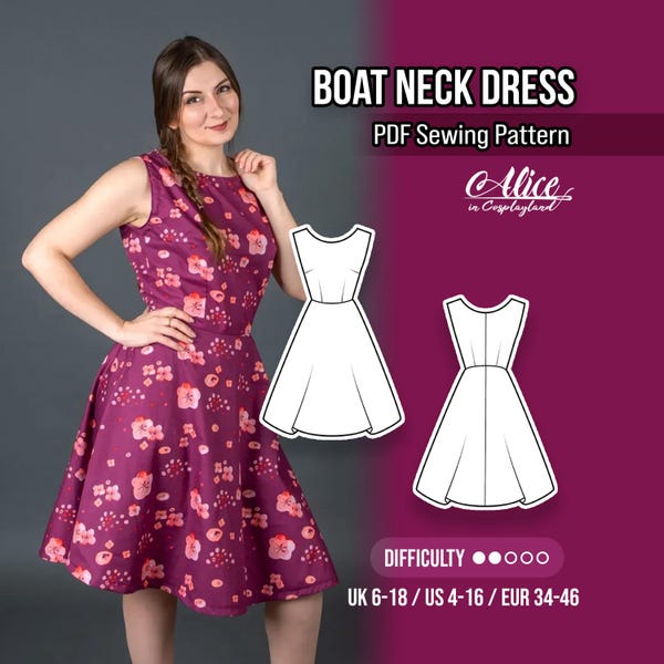 Boat neck sleeveless dress with a half circle skirt. Inspired on the 50s pin-up dresses. Easy to sew