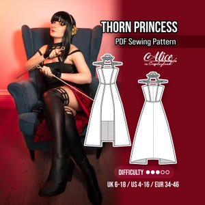 Könnte beinhalten: Ein digitales PDF-Schnittmuster für ein Thorn Princess-Kleid, das eine Strichzeichnung eines ärmellosen Kleides mit Stehkragen und asymmetrischem Saum zeigt. Der Text enthält Thorn Princess, Alice in Cosplayland und die Größen UK 6-18, US 4-16, EUR 34-46.