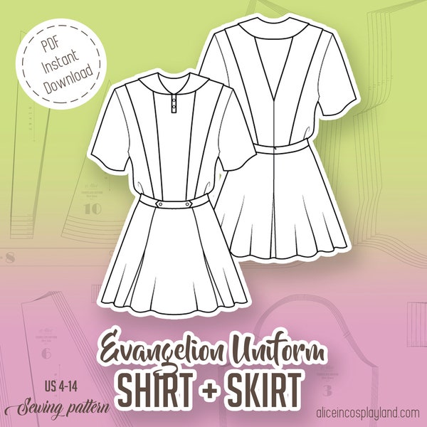 Evangelion uniform sewing pattern - Short sleeve polo shirt and knee long skirt with inserted godets and suspenders - Cosplay anime style