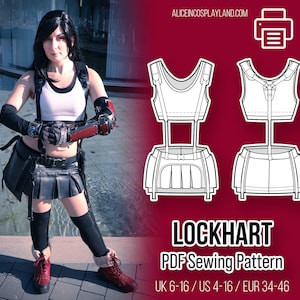 May include: A woman in a cosplay outfit poses next to a sewing pattern illustration. The outfit includes a white tank top, black skirt, and arm guards. The sewing pattern is for a "LOCKHART" costume, with size information in UK, US, and EUR sizes.