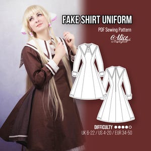 Puede incluir: Un patrón de costura PDF para un uniforme de camisa falso, con un diseño de camisa blanca y un vestido marrón con ribetes blancos. El patrón es para las tallas UK 6-22, US 4-20 y EUR 34-50. El patrón es de Alice in Cosplayland.