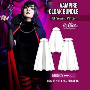 May include: A Vampire Cloak Bundle PDF sewing pattern featuring a black cloak with a red lining and a silver chain closure. The image includes technical line drawings of three cloak variations and text stating UK 6-18, US 4-16, and EUR 34-46.