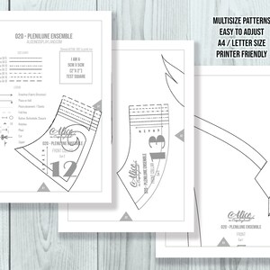 May include: A digital sewing pattern for the 020 Plenilune Ensemble, featuring black line drawings on white paper. Includes a size chart, a 2 inch by 2 inch test square, a legend for fabric direction, and labeled pattern pieces for front collars.