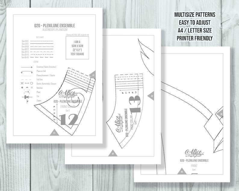 May include: A digital sewing pattern for the 020 Plenilune Ensemble, featuring black line drawings on white paper. Includes a size chart, a 2 inch by 2 inch test square, a legend for fabric direction, and labeled pattern pieces for front collars.
