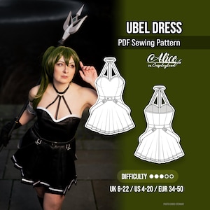 May include: A black dress with white trim, a halter neckline, and a pleated skirt. The image includes a PDF sewing pattern for the Ubel Dress, with the text "UBEL DRESS PDF Sewing Pattern" and the difficulty level indicated by dots.