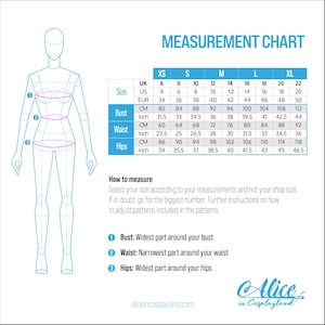 May include: A measurement chart for clothing sizes XS through XL, featuring a line drawing of a human figure with numbered indicators for bust, waist, and hips. The table lists UK, US, and EUR sizes alongside bust, waist, and hip measurements in inches and centimeters.