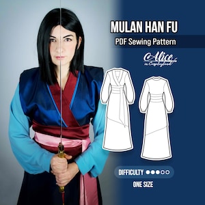 Patrón de costura para vestido Han Fu - Patrón de disfraz tradicional chino para cosplay - Falda, chaqueta y camisa inspiradas en Mulan del folclore