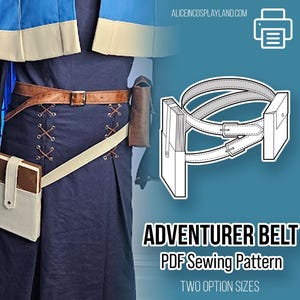May include: A PDF sewing pattern for an adventurer belt with two option sizes. The pattern shows a brown leather belt with two pouches attached to it.