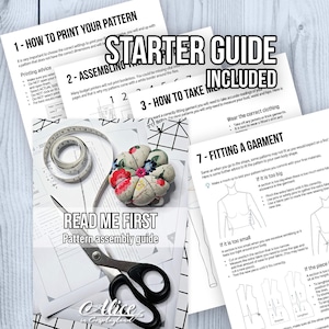 May include: A collection of printed sewing pattern instruction sheets labeled Starter Guide Included and Read Me First. The documents feature diagrams, text, a coiled white measuring tape, a floral fabric pincushion, and metal scissors.