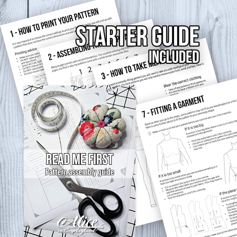 May include: A collection of printed sewing pattern instruction sheets labeled Starter Guide Included and Read Me First. The documents feature diagrams, text, a coiled white measuring tape, a floral fabric pincushion, and metal scissors.